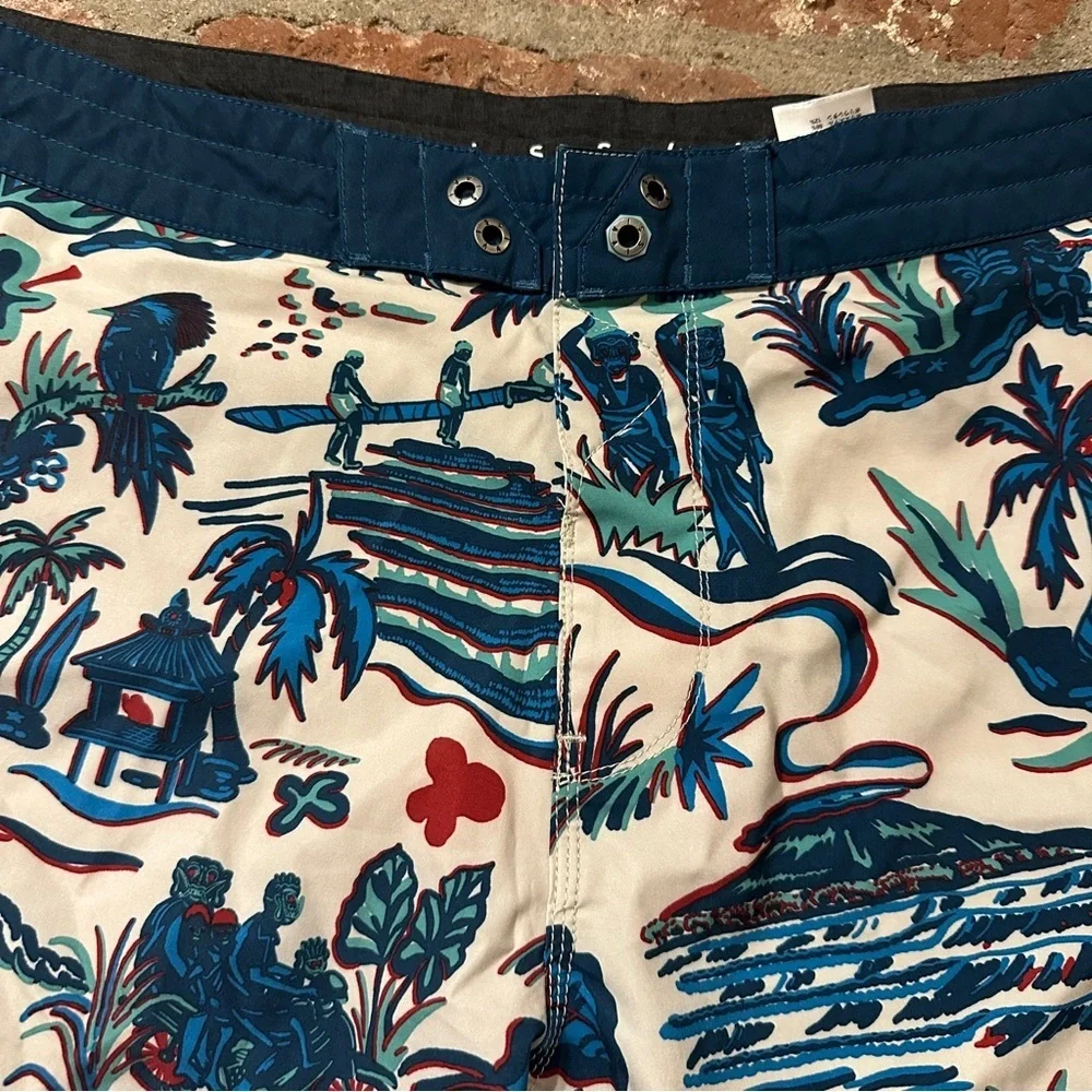 VISSLA Men's Blue and Cream Tropical Hawaiian Unlined Board Swim Shorts size 34